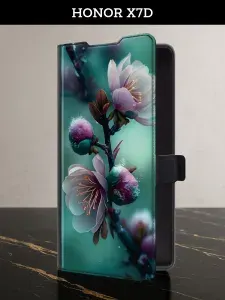 Чехол-книжка на Honor X7d (Хонор X7d) с картой и принтом "Цветущая веточка"