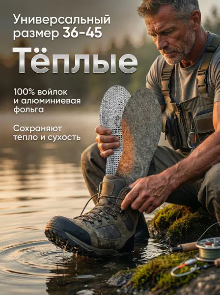 Стельки для обуви мужские, зимние войлочные стельки, для рыбалки и охоты, универсальный размер 36-45