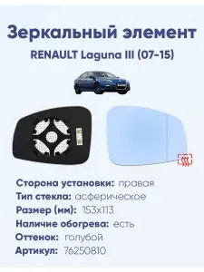 Зеркальный элемент для автомобиля RENAULT Laguna III (07-15) асферика голубой с обогревом -R-