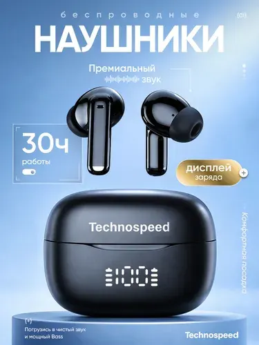 Наушники беспроводные Techospeed TS02 TWS, Bluetooth 6.0, USB Type-C, черные