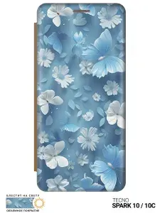 Чехол-книжка на Tecno Spark 10 / 10C с принтом "Голубые бабочки" золотой