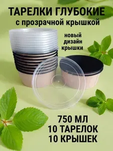 Тарелки одноразовые бумажные глубокие для супа с прозрачной плоской пластиковой крышкой - 750 мл , набор посуды 10 штук + 10 крышек, контейнер с крышкой для салата