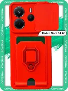 Чехол противоударный на Xiaomi Redmi Note 14 4G, для Редми Нот 14 4G с защитной шторкой для камеры, карманом для карт и кольцом подставкой, красный