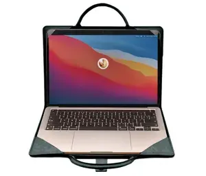 Защитный противоударный чехол-сумка MyPads Boko Eleganto для ноутбука Asus Zenbook S 14 из импортной эко-кожи, с застежкой и ручкой для переноски, трансформация в подставку, темно-зеленый MyPads