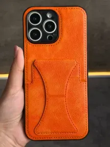 Чехол оранжевый на iPhone 15 Pro Max с карманом, и с подставкой, и с креплением к магнитным держателям.