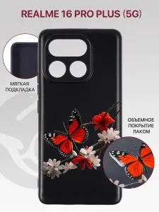 Чехол на Realme 16 Pro Plus 5G с защитой камеры, с внутренней подкладкой из микрофибры, черный с принтом БАБОЧКИ, лаковое покрытие / Реалми 16 Про Плюс