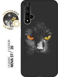 Силиконовый чехол на Honor 20 / Huawei Nova 5T с принтом "Котик с янтарными глазами" матовый черный