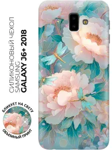 Силиконовый чехол на Samsung Galaxy J6+ (2018) с принтом "Пионы и стрекозы"
