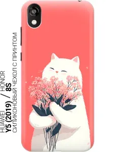 Силиконовый чехол на Honor 8S / Huawei Y5 (2019) с принтом "Кот и нежное прикосновение весны"