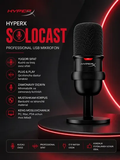 Hyperx solocast usb конденсаторный микрофон для стриминга подкастов игр и записи