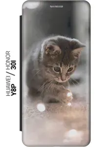 Чехол-книжка на Honor 30i / Huawei Y8P / Хуавей У8Р / Хонор 30ай с принтом "Котенок и свет" черный