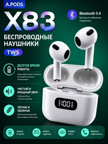 Беспроводные наушники A.PODS X83 с LED-дисплеем, Bluetooth 5.4, белые