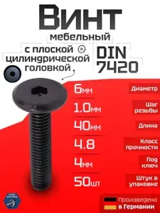 Винт мебельный М6 х 40 с плоской головкой, покрытие черный цинк, DIN 7420, 50 шт