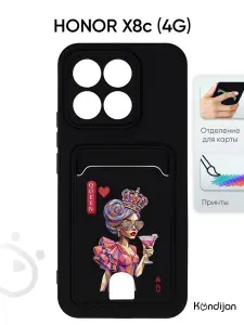 Чехол на Honor X8c 4G с карманом, покрытие soft-touch, с защитой камеры, черный с принтом КОРОЛЕВА КАРТ / Хонор Х8c