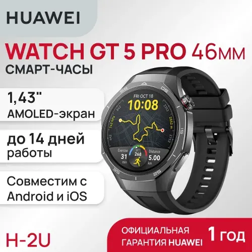 Смарт-часы HUAWEI WATCH GT 5 Pro Black Aluminium Case, Black Fluoroelastomer (Vili-B29F)