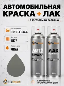 Краска и лак для TOYOTA RAV4, код 5177, GRAY, автомобильная эмаль базовая и акриловый глянцевый лак FixPaint в аэрозольных баллонах 520 мл