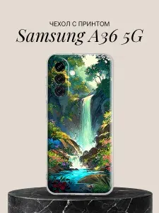 Чехол на Samsung A36 5G с принтом Водопад в цветущем лесу