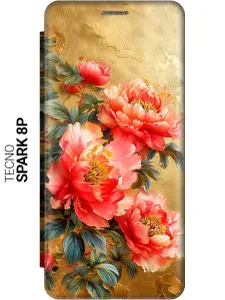 Чехол-книжка на Tecno Spark 8P с принтом "Винтажные пионы" золотой
