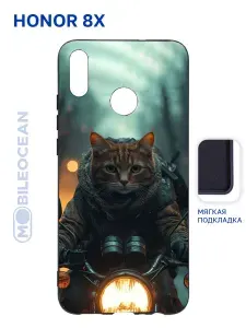 Чехол для Honor 8X с рисунком, с защитой камеры, с мягкой подкладкой из микрофибры, противоударный, черный с принтом КОТ МОТО / Хонор 8Х