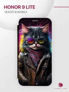 Чехол для Honor 9 Lite с рисунком, защитный, противоударный, с магнитом, черный, с принтом ПУШИСТЫЙ БАЙКЕР / Хонор 9 Лайт