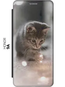 Чехол-книжка на Honor 9A / Хонор 9А с принтом "Котенок и свет" черный