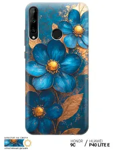 Силиконовый чехол на Honor 9C / Huawei P40 Lite E с принтом "Синие цветы, золотые листья"