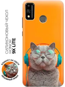Силиконовый чехол на Honor 9X Lite с принтом "Музыкальный котик"
