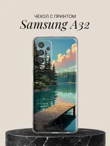 Чехол на Samsung A32 с принтом Озеро в хвойном лесу