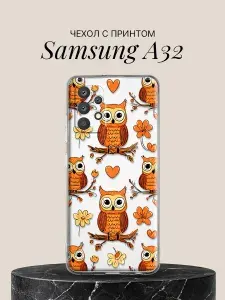 Чехол на Samsung A32 с принтом Милые совушки с цветами