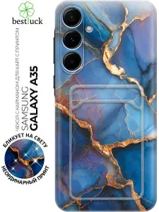 Силиконовый чехол на Samsung Galaxy A35 с принтом "Синий мрамор с золотом" с карманом для карты