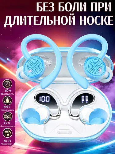 Наушники беспроводные/наушники беспроводные для телефона /наушники беспроводные спортивные/беспроводные наушники для андроид /совместимые с iOS и Android/ небесноголубой цвет/два режима ношения