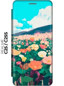 Чехол-книжка на Realme C25 / C25S с принтом "Поле цветов" золотой