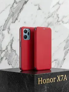 Чехол-книжка кожаная противоударная для Honor X7A , Красная