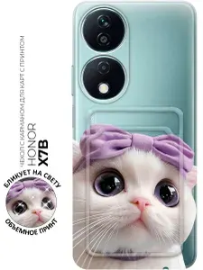 Силиконовый чехол на Honor X7b с принтом "Кошечка с бантиком" с карманом для карты