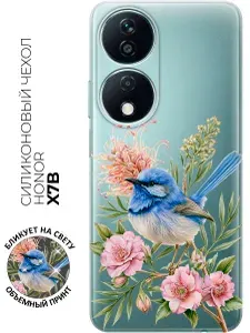 Чехол на Honor X7b с принтом "Лазурная птица средии бутонов"