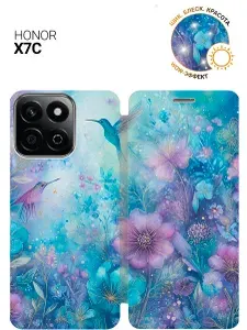 Чехол-книжка на Honor X7C с принтом "Волшебный полет колибри" золотой