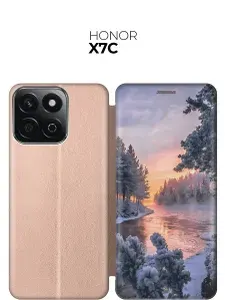 Чехол-книжка на Honor X7C с принтом "Река в заснеженном лесу" золотой