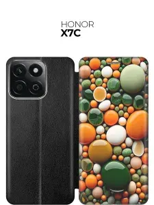 Чехол-книжка на Honor X7C с принтом "Оранжевые и зеленые камушки" черный