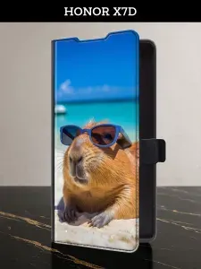 Чехол-книжка на Honor X7d (Хонор X7d) с картой и принтом "Капибара в отпуске"
