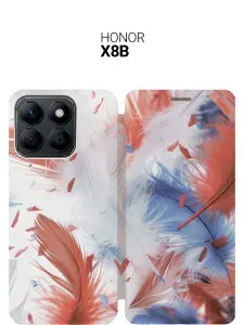 Чехол-книжка на Honor X8b с принтом "Перья" золотой