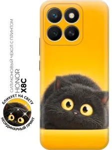 Силиконовый чехол на Honor X8C с принтом "Чёрный кот на солнечном фоне"