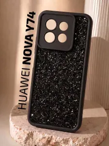 Чехол на Huawei Nova Y74 (Чехол на Хуавей Нова Ю74) с защитой камеры, с блестками, черный