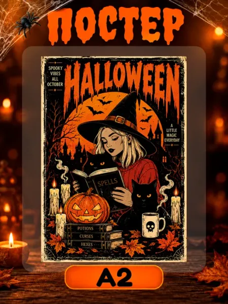 Постер на стену Хэллоуин Halloween ведьма плакат А2 PixART