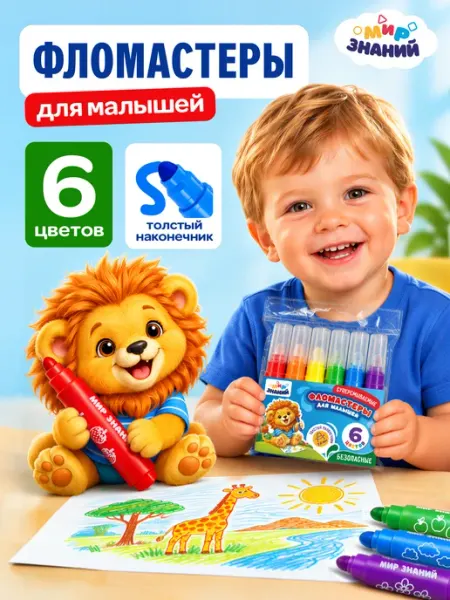 Фломастеры для малышей суперсмываемые 6 цветов МИР ЗНАНИЙ