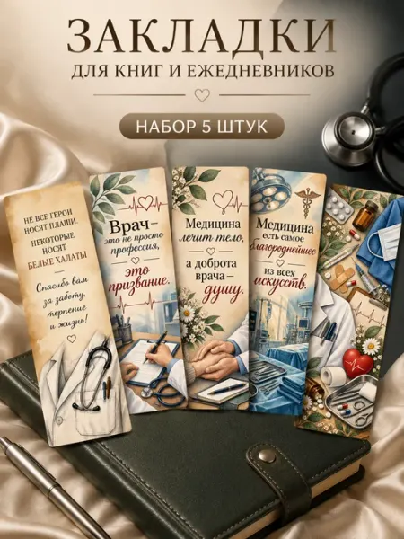 Закладки для ежедневников и книг врачу набор 5 шт Деревянный Позитив