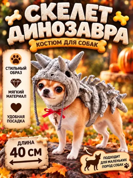 Скелет динозавра плюшевый костюм для собак и кошек красный