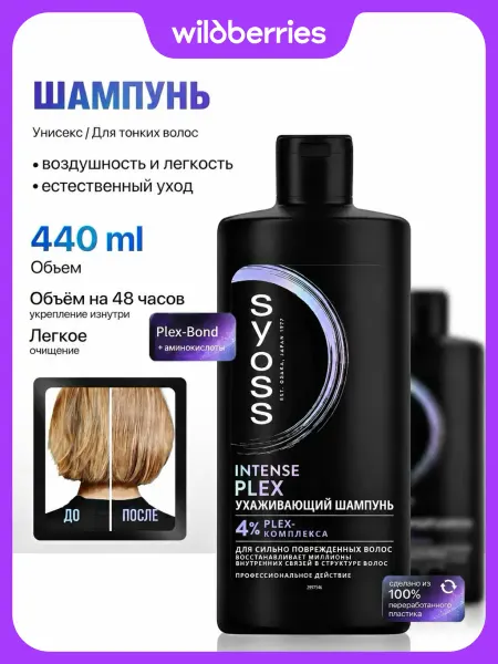 Syoss Шампунь для волос для восстановления Intense Plex, 440 мл
