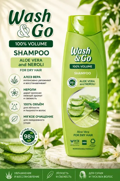 Шампунь для сухих волос Wash&Go, с экстрактом алоэ вера, 180 мл