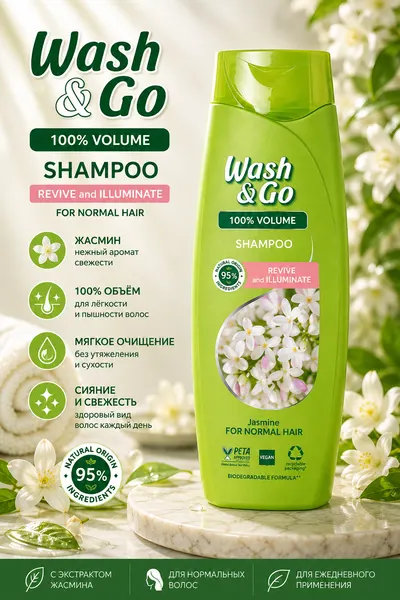 Шампунь WASH&GO, с экстрактом жасмина для нормальных волос, 180 мл