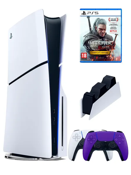 PS5 (ПС5) Игровая приставка Sony PlayStation 5 Slim disc + 2-й геймпад(фиолетовый) + зарядное + игра Witcher3: Wild Hunt